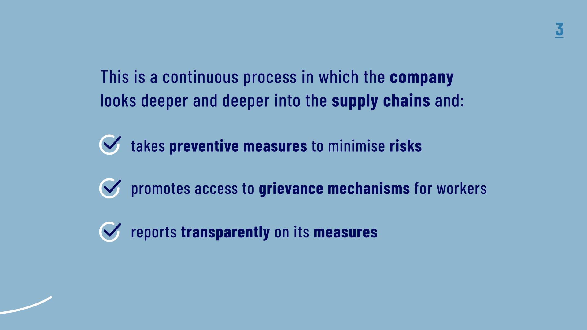 This is a continuous process in which the company looks deeper and deeperinto the supply chains and takes rpeventive measures to minimise risks, promotes access to grievance mechanisms for workers, reports transparently on its measures. 